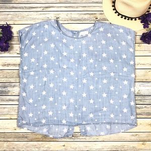 Forever 21 Chambray Cropped Sleeveless Top Star Print Back Buttons Casual